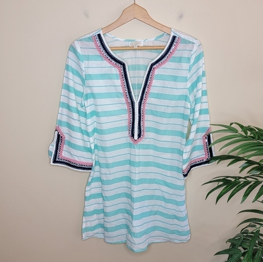 Mud Pie Mint Green White Striped Tunic with Embroidery Sequin Detail Size Small